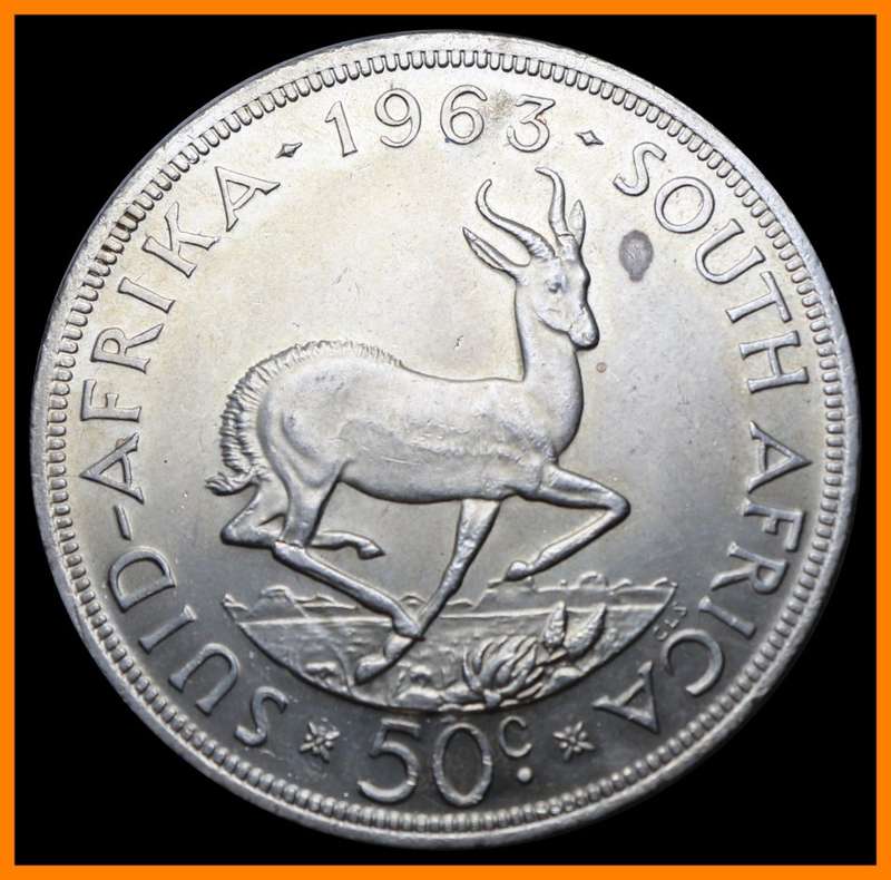 1963 Republic of S.A. : 50 Cent : Coin in Circulated Conditions, as per Photo.