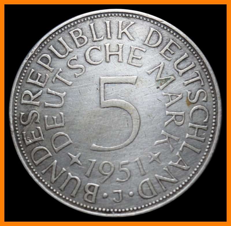 1951 : Germany - Federal Republic 5 Deutsche Mark (Silver Coin) Circulate Condition, as per photo.