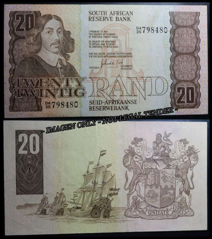 1984 S. A. Bank Note : TWENTY RAND / TWINTIG RAND : GPC de KOCK : AUNC (THIRD ISSUE).
