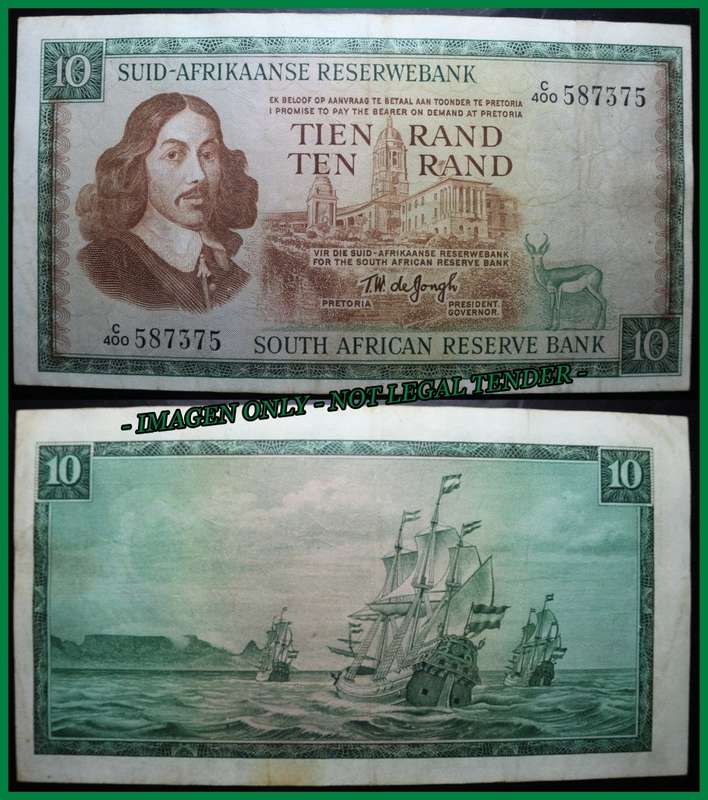 S. A. Bank Note : TIEN RAND - TEN RAND - TW de Jongh -  Circulated Note. as per Photo.