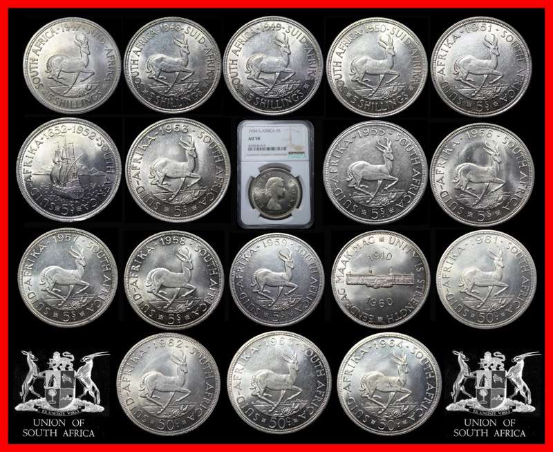 1947-1964  Union of S.A. 5 Shillings : Full Set  AUNC / UNC and 1954 GRADE NGC AU58. as per Photo.