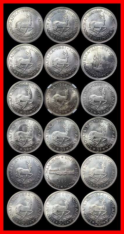 1947-1964  Union of S.A. 5 Shillings : Full Set  AUNC / UNC and 1954 GRADE NGC AU58. as per Photo.