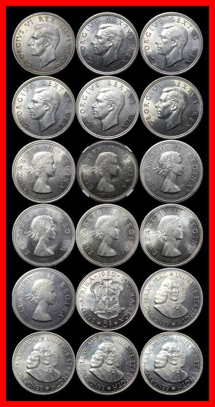 1947-1964  Union of S.A. 5 Shillings : Full Set  AUNC / UNC and 1954 GRADE NGC AU58. as per Photo.