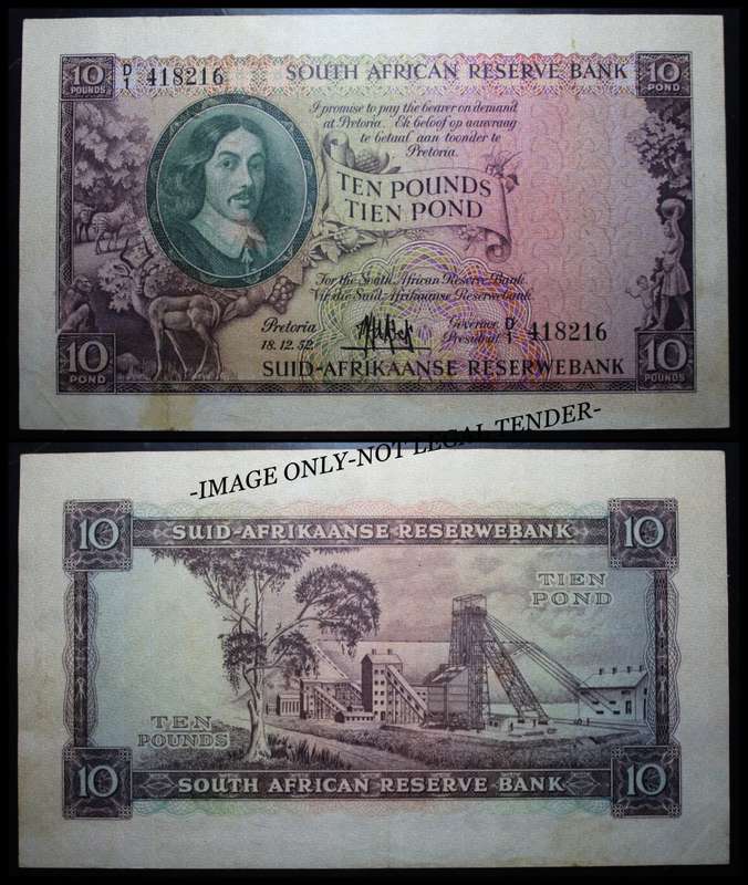 1952  S. A. Bank Note : TEN  POUNDS / TIEN POND  : 18.12.52. : M.H. de KOCK : THIRD & (ONLY ISSUE)