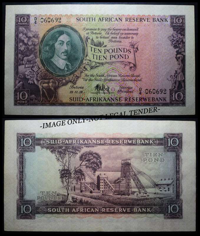 1958 S. A. Bank Note : TEN  POUNDS / TIEN POND  : 19.11.58. : M.H. de KOCK : THIRD & (ONLY ISSUE)