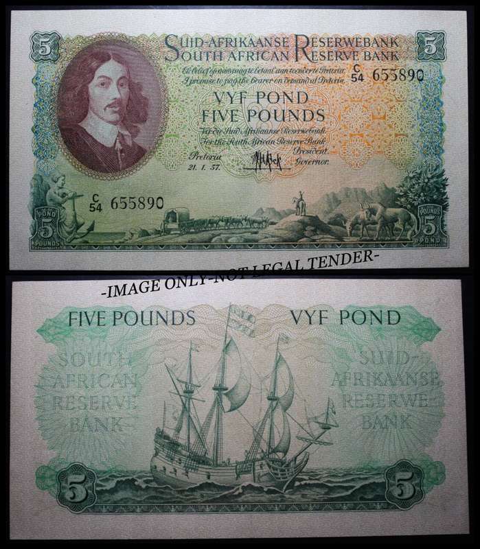 1957: S. A. Bank Note :  VYF POND / FIVE POUNDS  : (21 - 1 - 57) : M.H. de KOCK. as per Photo.