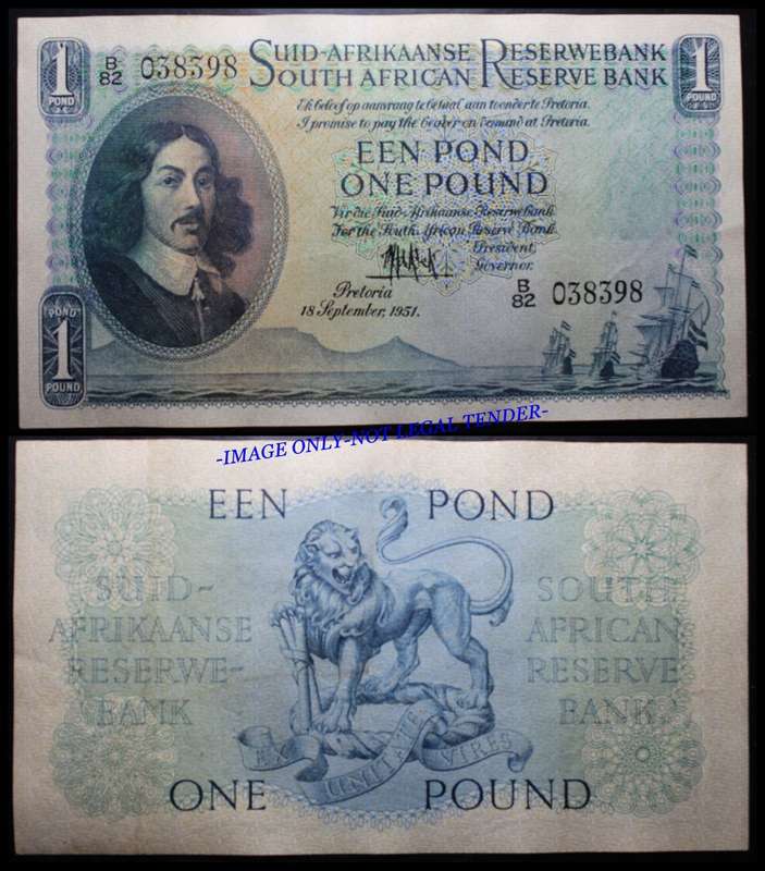 S. A. Bank Note : ENN POND/ONE POUND : M. H. de KOCK : 18. SEPTEMBRE. 1951. as per Photo.