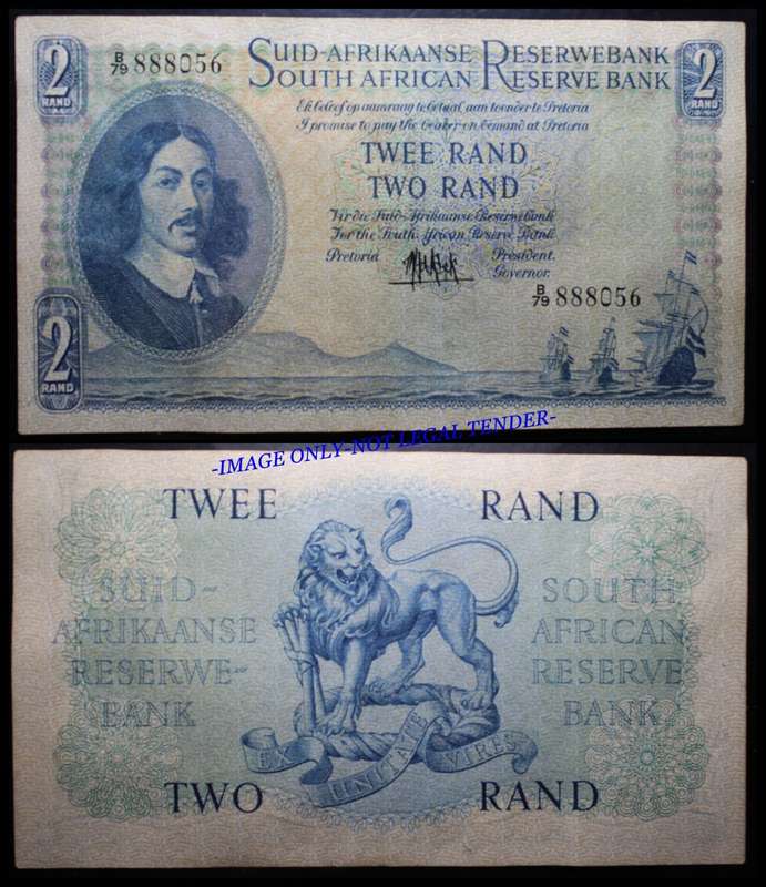 S. A. Bank Note :  TWEE RAND/TWO RAND : MH de KOCK. as per Photo.