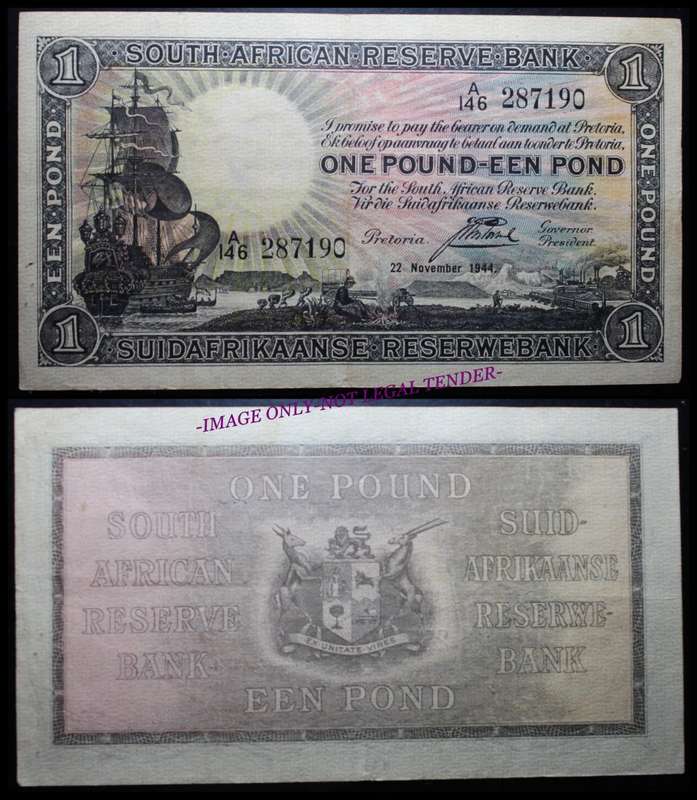 1944 : S. A. Bank Note : ONE POUND - EEN POND - 22 NOVEMBER 1944  -  J. Postmus (ONLY ISSUE).