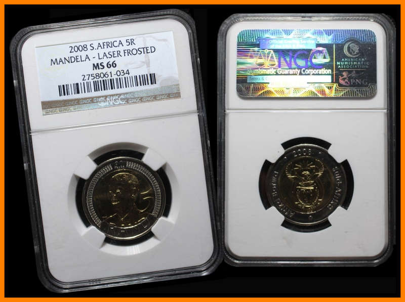 2008 : Republic of S.A. : 5 RAND : MANDELA LASER-FROSTED  Grade MS66 NGC. as per Photo.