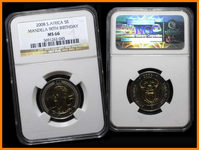 2008 : Republic of S.A. : 5 RAND : 90TH Birthday  Grade MS66 NGC. as per Photo.