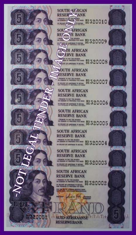 1981 : S. A. Bank Note : FIVE RAND : GPC de KOCK : SECOND ISSUE. CONC. NUMBERS 002-010.