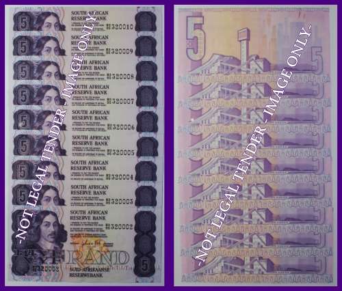 1981 : S. A. Bank Note : FIVE RAND : GPC de KOCK : SECOND ISSUE. CONC. NUMBERS 002-010.
