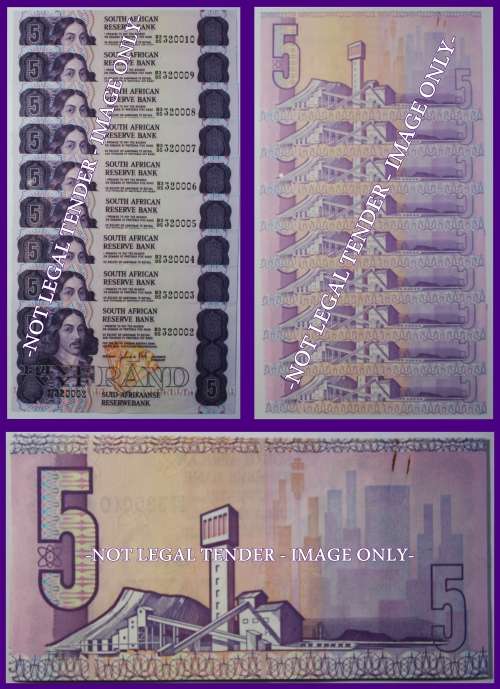 1981 : S. A. Bank Note : FIVE RAND : GPC de KOCK : SECOND ISSUE. CONC. NUMBERS 002-010.