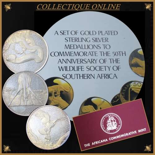 Rep. South Africa : Wildlife Society 50th Anniversary Medallion Set : (STG. SILVER  & GOLD PLATED).