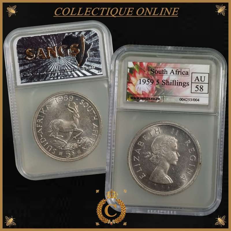 1959 : UNION S. A. : 5 SHILLINGS : COIN IN AU 58 : only minted 6.139 : GRADED by S.A.N.G.S.