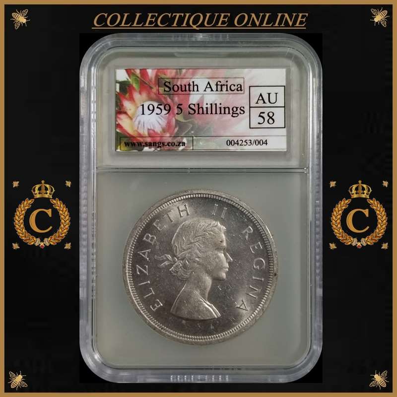 1959 : UNION S. A. : 5 SHILLINGS : COIN IN AU 58 : only minted 6.139 : GRADED by S.A.N.G.S.