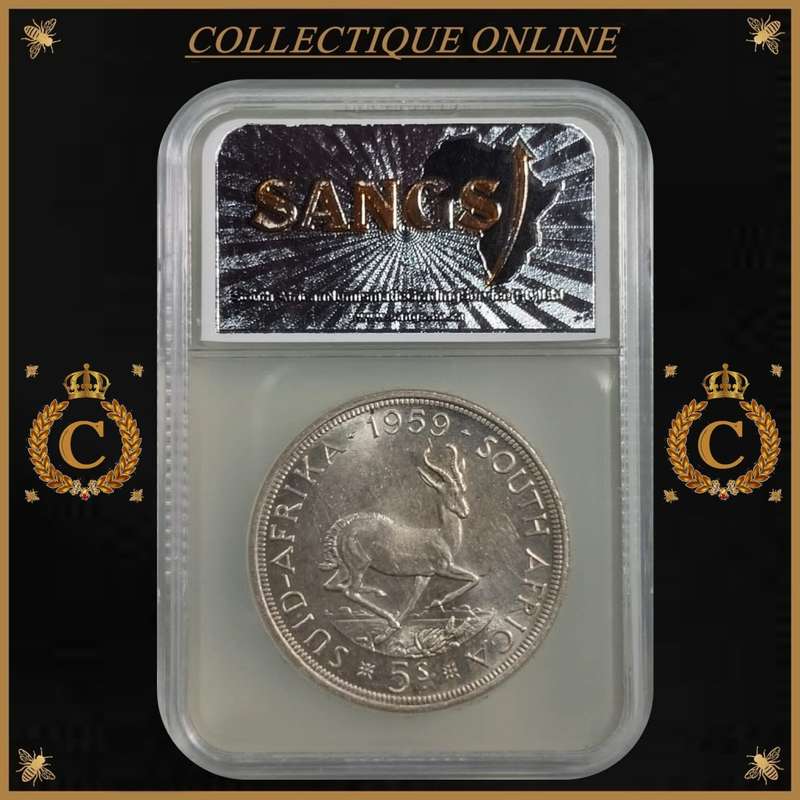 1959 : UNION S. A. : 5 SHILLINGS : COIN IN AU 58 : only minted 6.139 : GRADED by S.A.N.G.S.