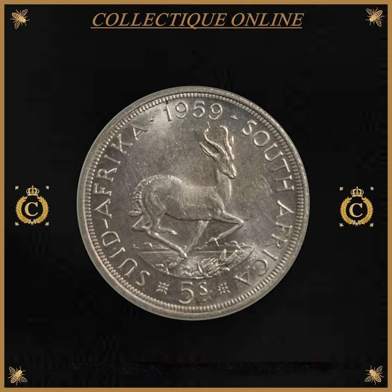 1959 : UNION S. A. : 5 SHILLINGS : COIN IN AU 58 : only minted 6.139 : GRADED by S.A.N.G.S.
