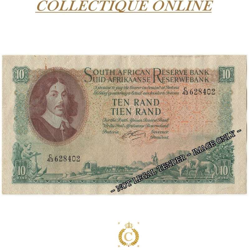 S. A. Bank Note : TEN RAND/TIEN RAND :  G. RISSIK : DATE 1962 : FIRST ISSUE.