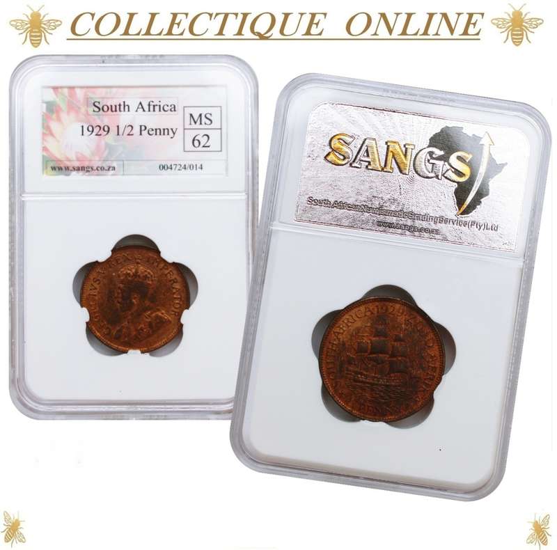 1929 : UNION S. A. : HALF PENNY : COIN IN MS 62  : Low Minted 272.095 : GRADED by S.A.N.G.S.