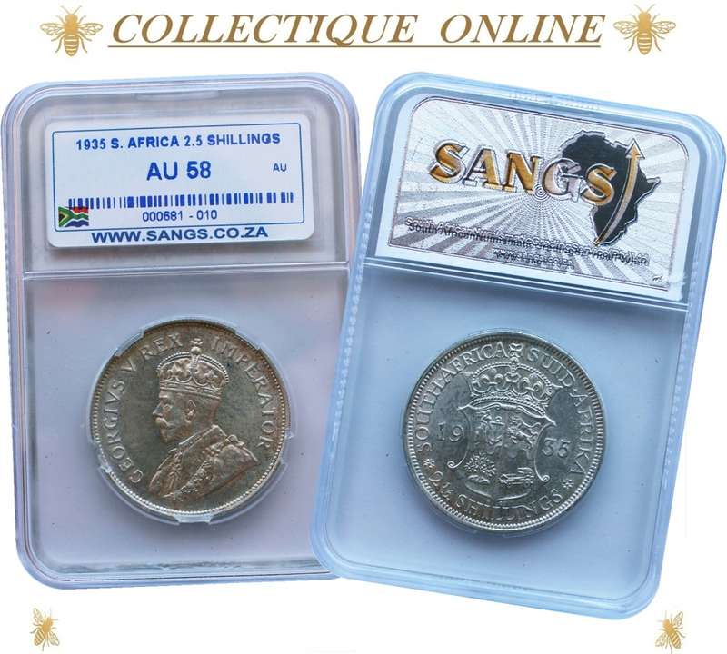 1935 : UNION S. A. : HALF CROWN : COIN IN AU 58 : LOW Minted 345.099 : GRADED by S.A.N.G.S.