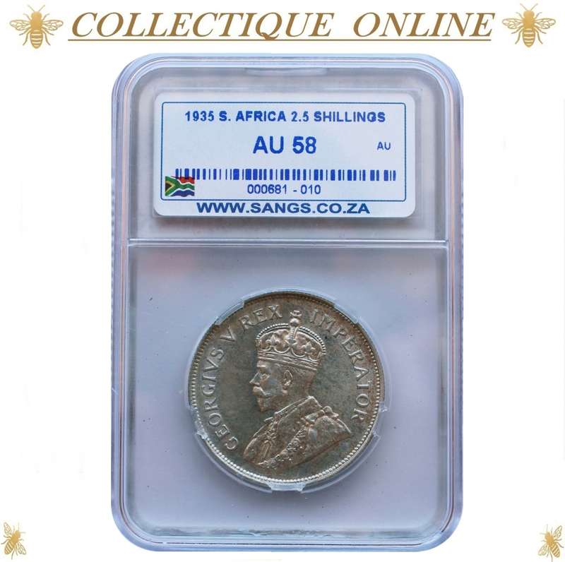 1935 : UNION S. A. : HALF CROWN : COIN IN AU 58 : LOW Minted 345.099 : GRADED by S.A.N.G.S.