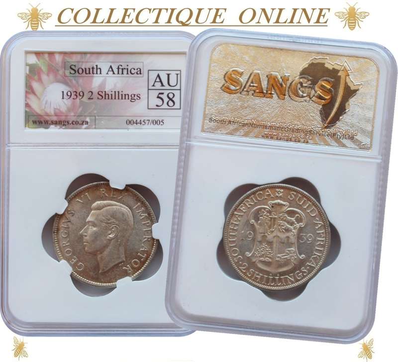 1939 : UNION S. A. : TWO SHILLINGS : COIN IN AU 58 :  LOW Minted 279.277 : GRADED by S.A.N.G.S.
