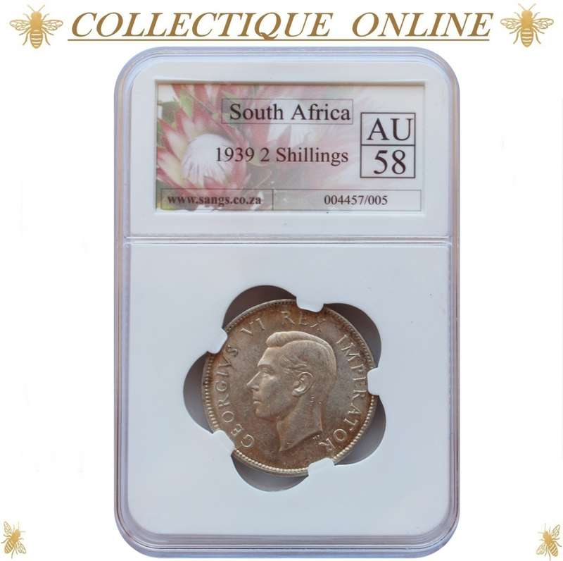 1939 : UNION S. A. : TWO SHILLINGS : COIN IN AU 58 :  LOW Minted 279.277 : GRADED by S.A.N.G.S.