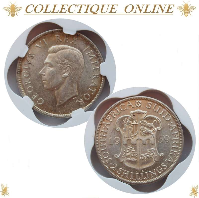 1939 : UNION S. A. : TWO SHILLINGS : COIN IN AU 58 :  LOW Minted 279.277 : GRADED by S.A.N.G.S.
