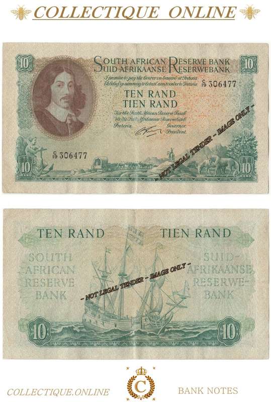 S. A. Bank Note : TEN RAND/TIEN RAND :  G. RISSIK : DATE 1962 : FIRST ISSUE.