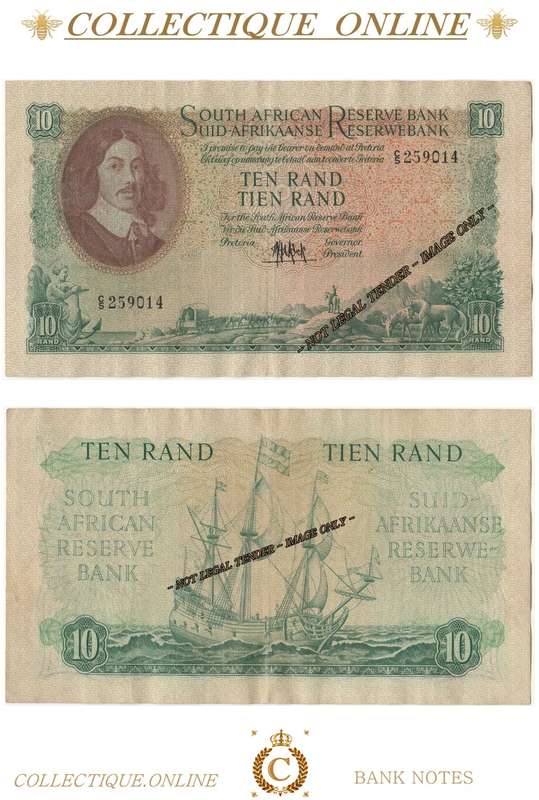 S. A. Bank Note : TEN RAND/TIEN RAND :  M. H. DE KOCK : DATE 1961 : ONLY ISSUE.