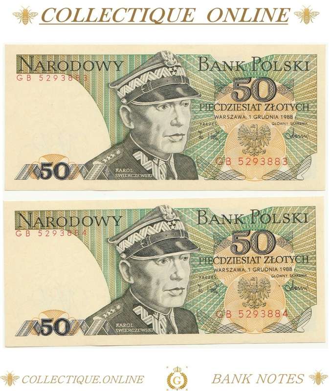 1988 : Poland  : 50 Zlotych : ALMOST UNC / CONSEC. NUMBERS (866-867) : DATE:  1 DECEMBER 1988.