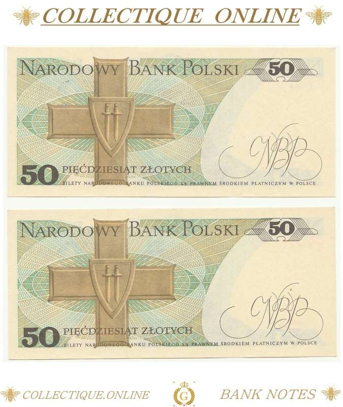 1988 : Poland  : 50 Zlotych : ALMOST UNC / CONSEC. NUMBERS (866-867) : DATE:  1 DECEMBER 1988.