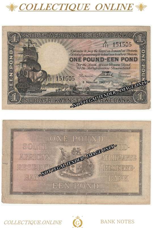 S. A. Bank Note : ONE POUND-EEN POND : J POSTMUS : DATE 6  NOVEMBER 1941  - ONLY ISSUE.