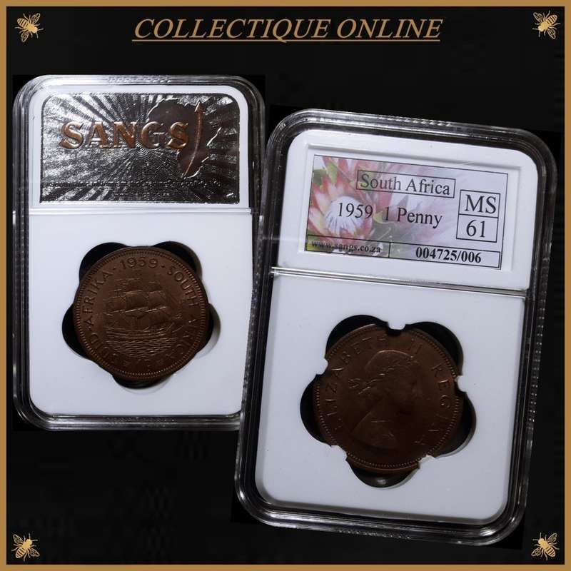1959 : UNION of SOUTH AFRICA : 1 PENNY : GRADED COIN in MS 61 : GRADED by S.A.N.G.S. As Per Photo.