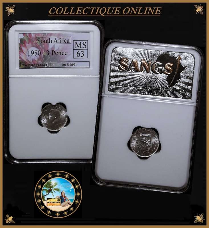 1950 : Union of S. A. : 3 PENCE : EXCELLENT COIN GRADED :  in MS 63 : GRADED by S.A.N.G.S.