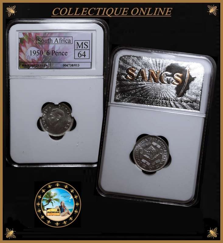 1950 : Union of S. A. : 6 PENCE : EXCELLENT COIN GRADED :  in MS 64 : GRADED by S.A.N.G.S.