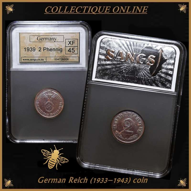 VERY RARE! Third Reich German Reich (1933-1943) : 2 Reichspfennig 1939 (A) in XF 45 GRADE by SANGS.