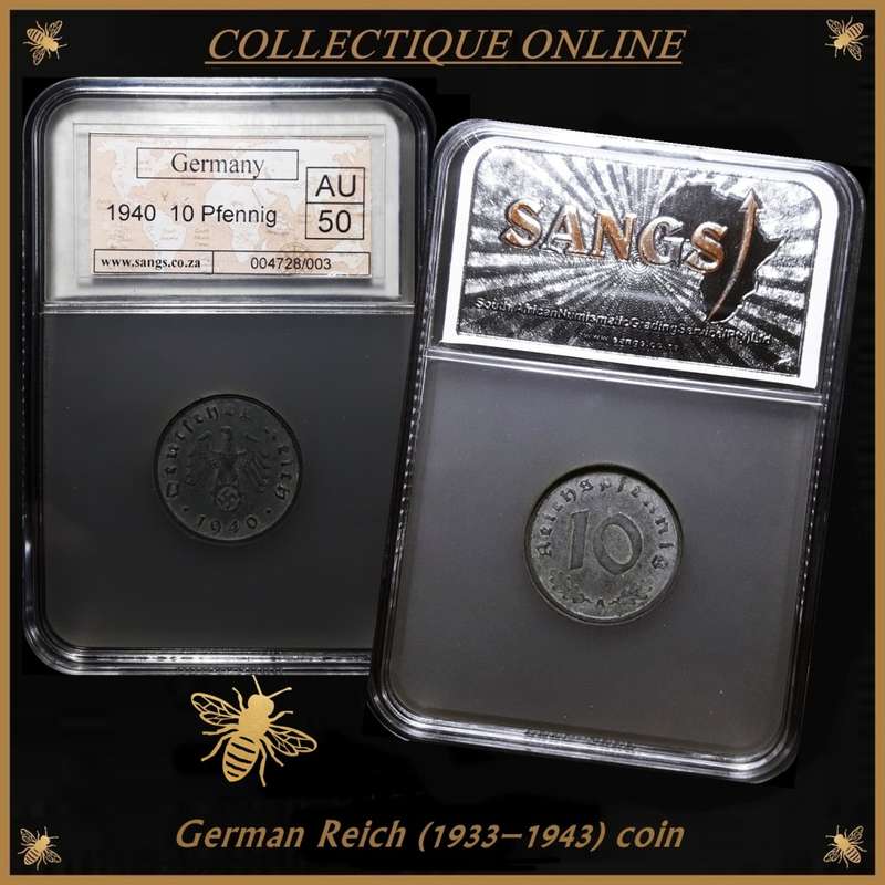 VERY RARE! Third Reich German Reich (1933-1943) : 10 Reichspfennig 1940 (A) in AU 50 GRADE by SANGS.