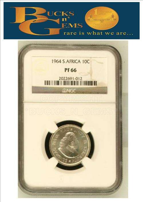 ** RARE - PF66 ** 1964 SOUTH AFRICA **10 CENTS** PF66 -- 2ND HIGHEST NGC GRADE --LOW POP