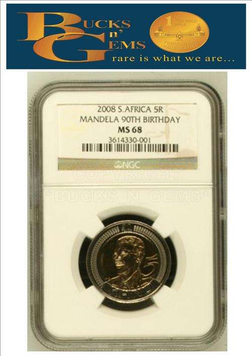 **MS68** *2008 MANDELA 90TH BIRTHDAY MS68 R5 COIN -NGC GRADED 2ND HIGHEST VALUE 65 000 RAND
