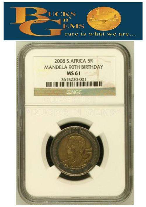 **VERY VERY RARE *MS61**--2008 MANDELA 90TH BIRTHDAY R5 COIN -**MS61**--NGC GRADED