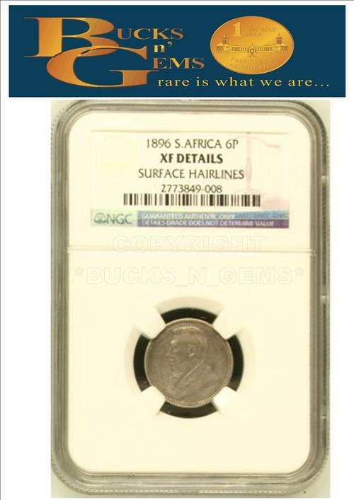XF 6P - 1896 ZAR 6 PENCE ** XF-DETAILS **--NGC GRADED--- VERY VERY RARE COIN HIGH VALUE +-R2000