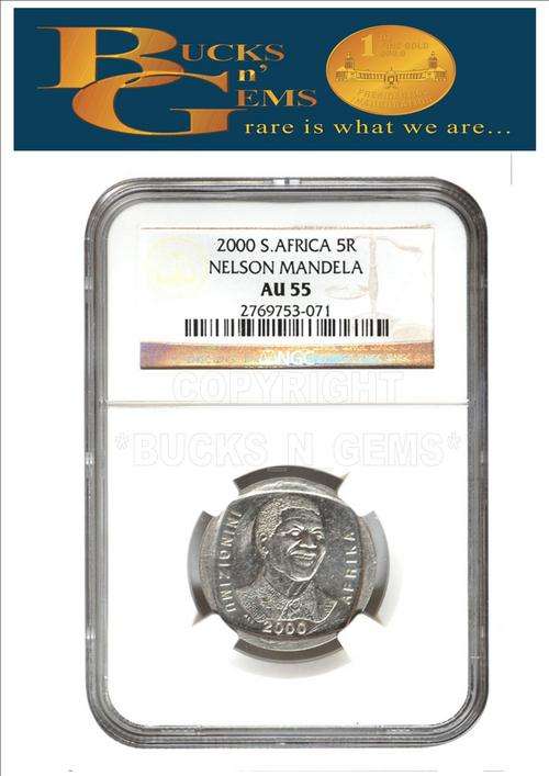 2 available**RARE* 2000 MANDELA SMILE R5 COIN AU55 -NGC GRADED very rare grade