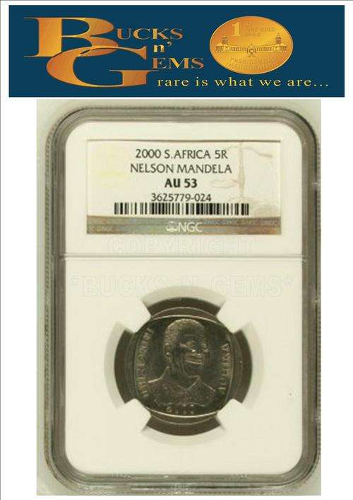 2 available**MOST RARE* 2000 MANDELA SMILE R5 COIN AU53 -NGC GRADED very rare grade