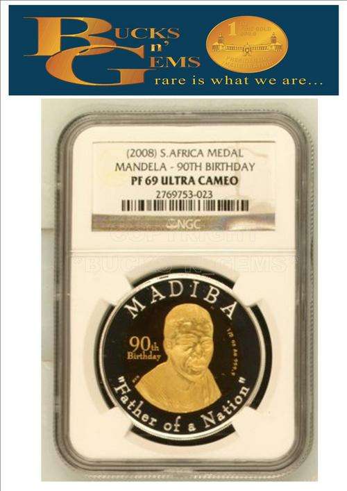2ND FINEST KNOWN PF69UC 2008 MANDELA 90TH BIRTHDAY 1/2 oz MEDALLION -*PF69 ULTRA CAMEO* -NGC GRADED