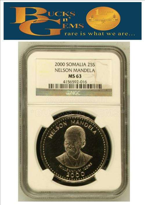 RARE -- MANDELA SOMALIA- 2000 MILLENNIUM ICONS 25 SHILLING MS63 SILVER -ngc graded
