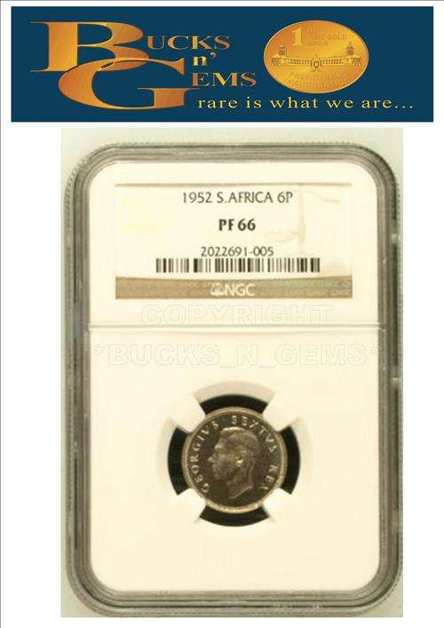 3RD FINEST ** PF66 ** 1952 UNION 6 PENCE ** PF66 **- NGC 2ND HIGHEST GRADE PROOF
