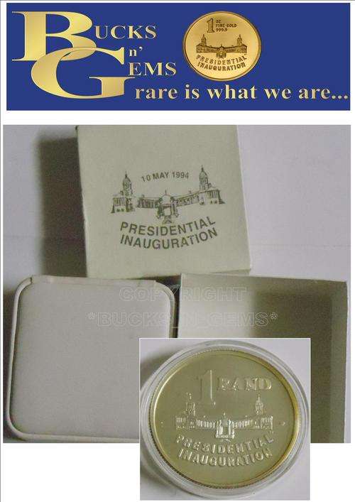RARE---1994 INAUGURATION SILVER R1 COIN IN WHITE BOX --SA MINT ONLY A FEW EXIST(PRESIDENTIAL GIFT)
